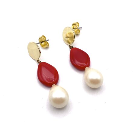 Boucles d'oreilles pendantes goutte rouge et nacrée