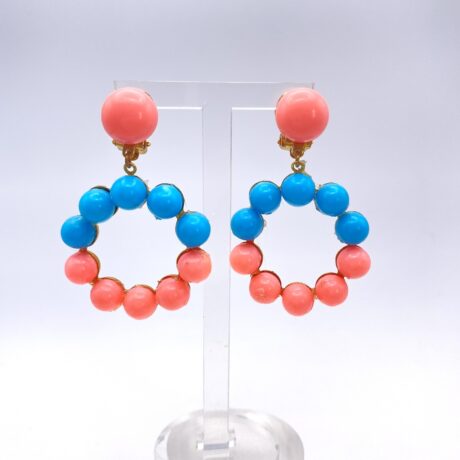 Boucles d'oreilles clip avec pendant créole rose et bleu