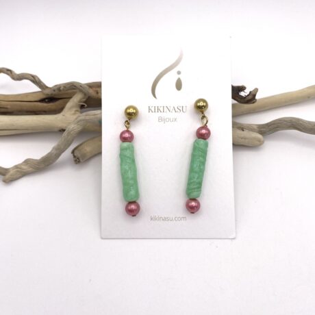 Boucles d’oreilles vertes et rose_03