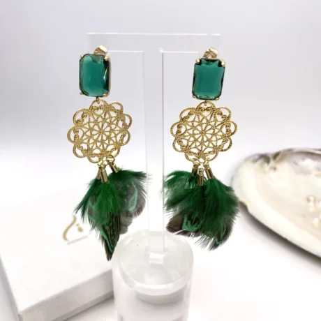 Boucles d’oreilles plume verte pendante_03