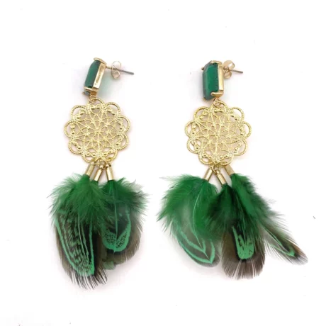 Boucles d’oreilles plume verte pendante_05