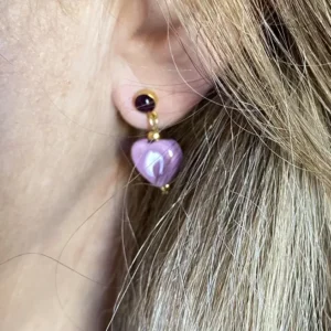 Boucles oreilles coeur céramique mauve